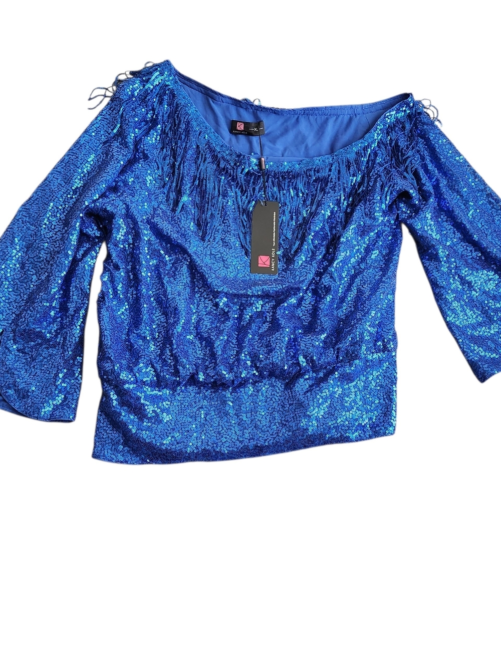 NWT Kancy Kole Sequins Fringe One Shoulder Top Women's XL Royal Blue Glam Chic